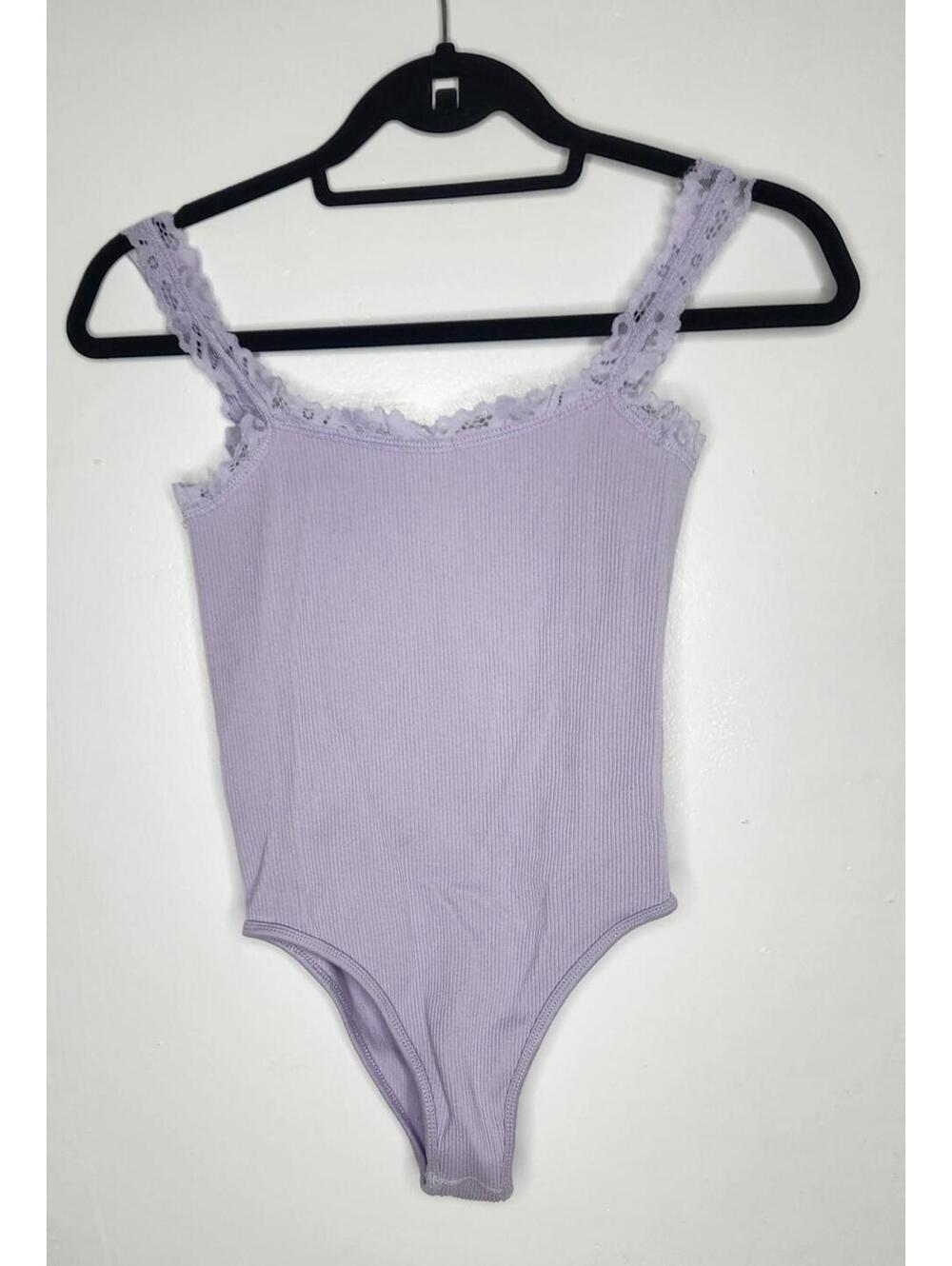 Zara Bodysuit Womens Medium Lavender Ribbed Lace Trim Tank Camisole Stretch